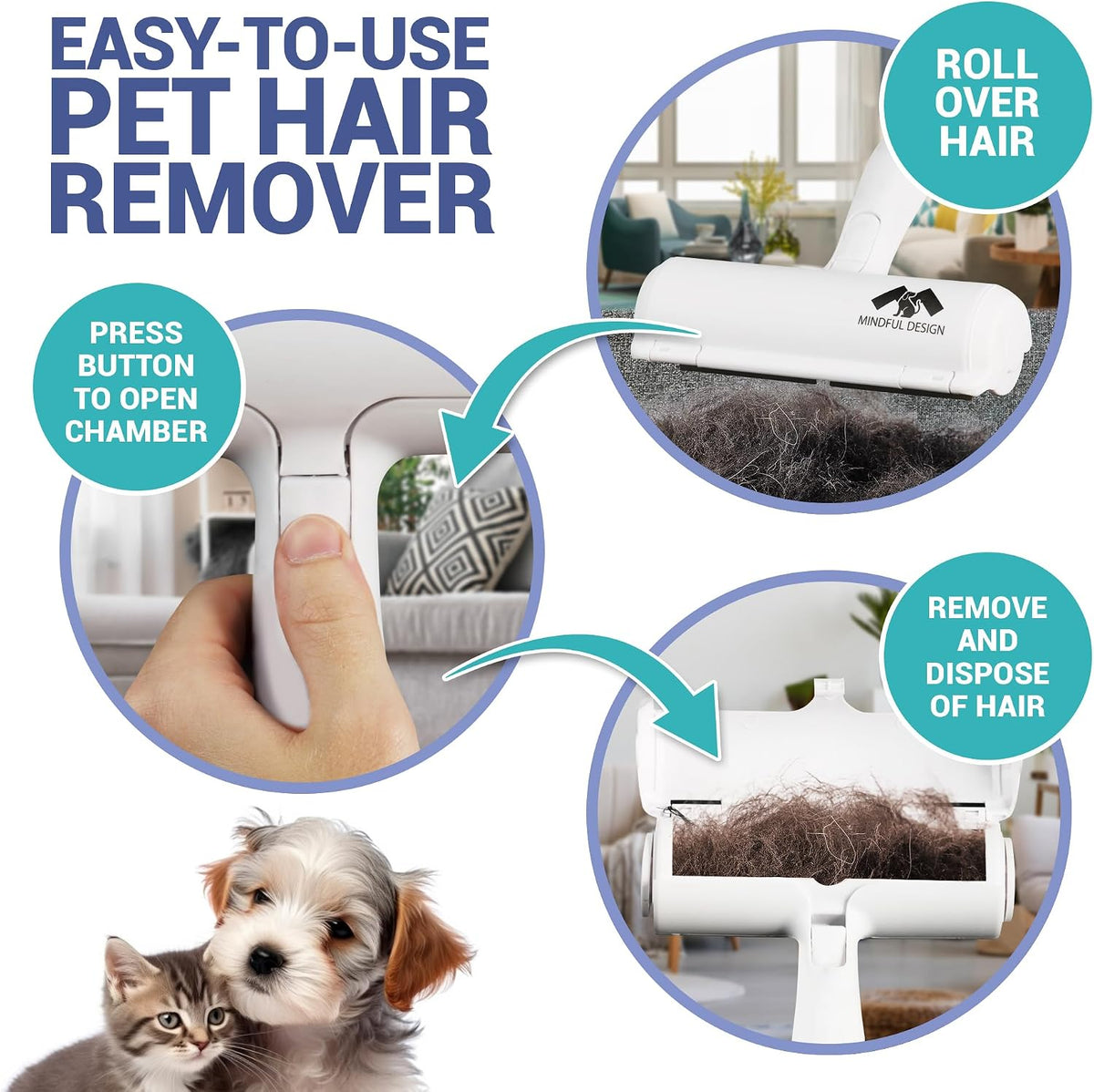 Roller Pet Hair Remover and Reusable Lint Roller - Cat and Dog Hair Remover for Furniture, Couch, Carpet, Clothing and Bedding - Portable, Multi-Surface Fur Removal Tool