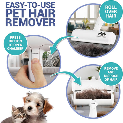 Roller Pet Hair Remover and Reusable Lint Roller - Cat and Dog Hair Remover for Furniture, Couch, Carpet, Clothing and Bedding - Portable, Multi-Surface Fur Removal Tool